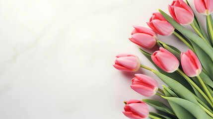 Lovely pastel red tulips bunch, floral border at light stone background, top view. Layout for springtime holidays. Mother's Valentines day greeting card. Blank copy space for text. Generative AI.