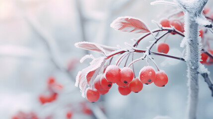 Macro shot of nature landscape or scene. Winter misty background with frozen plants, red berries in snow. Generative ai.