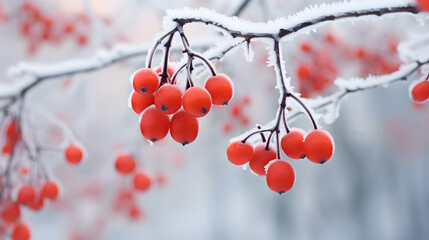 Macro shot of nature landscape or scene. Winter misty background with frozen plants, red berries in snow. Generative ai.