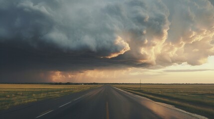 A road that goes into the distance is covered with storm clouds, producing a really striking scene. United States of America, North Dakota