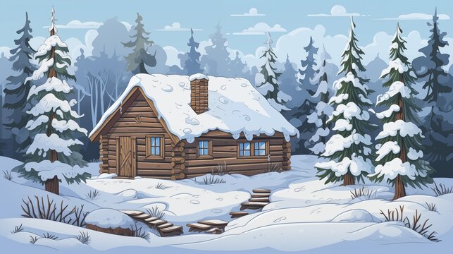a cartoon image of a cabin in the snow. Fantasy concept , Illustration painting.