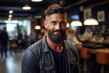 Fototapeta premium A satisfied customer leaving a barbershop with a fresh haircut and a smile, feeling confident and well-groomed. Concept of personal transformation and satisfaction. Generative Ai.