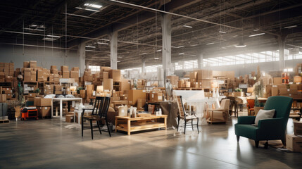 A view of a bustling warehouse filled with various furniture options