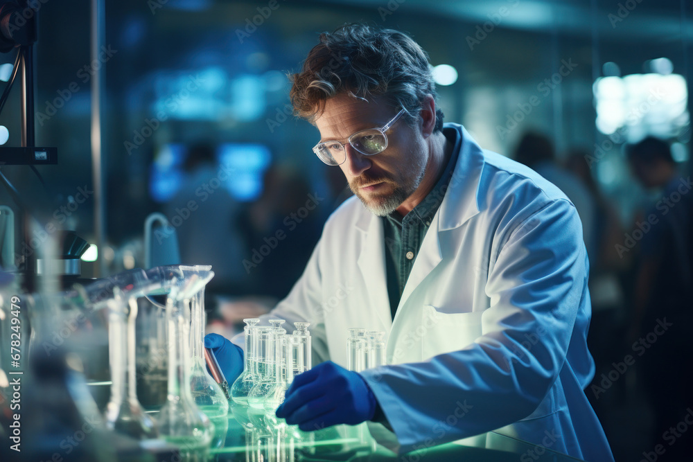 Poster a scientist in a lab coat conducting groundbreaking experiments in a high-tech laboratory. concept o