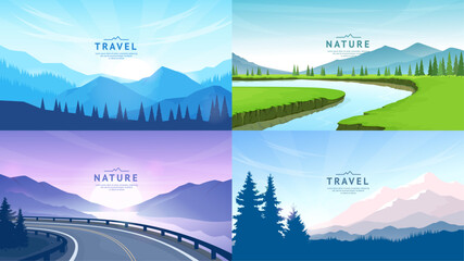 A set of polygonal banners. Mountains and forest, river and green valley, sunset, silhouettes of fir trees. Minimalistic vector drawings. Poster, banner, postcard, gift card design.