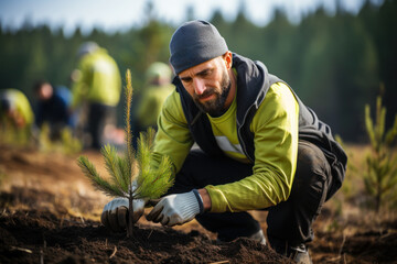 Naklejka na ściany i meble A dedicated environmentalist planting trees in a reforestation project, promoting conservation and sustainability. Generative Ai.
