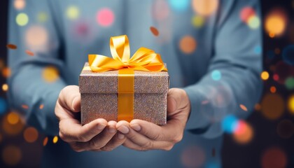 Joyful man holding beautifully decorated gift box with confetti, perfect for special occasions