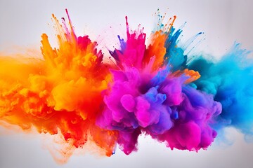Distinctive rainbow, holi paint, powder explosion, and expansive, white panorama background dispersed in the atmosphere