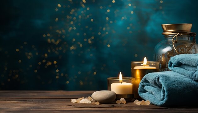 Tranquil spa treatment background with flickering candles on dark backdrop, perfect for your text