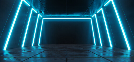 Futuristic concrete tunnel, hallway with neon cyber glowing blue lines