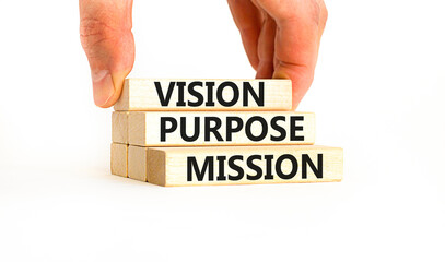 Vision purpose mission symbol. Concept word Vision Purpose Mission on beautiful block. Beautiful white table white background. Business motivational vision purpose mission concept. Copy space.