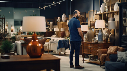 Customers selecting and inspecting furniture items