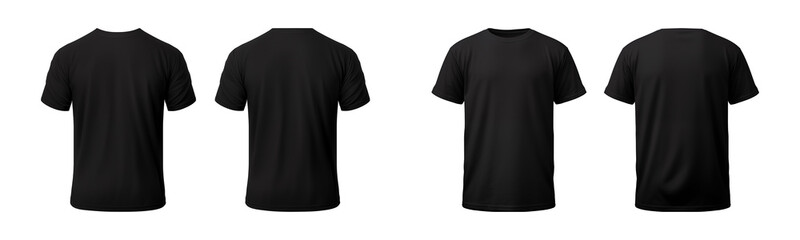 realistic set of male black t-shirts mockup front and back view isolated on a transparent background, cut out - obrazy, fototapety, plakaty