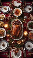 Table with dishes for a luxurious Christmas dinner seen from above