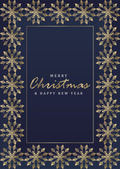 New Year and Christmas vector vertical frame for text and photo with golden snowflakes. Luxury dark blue background for diplomas, cards, invitations, certificates.