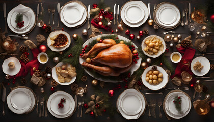 Table with dishes for a luxurious Christmas dinner seen from above
