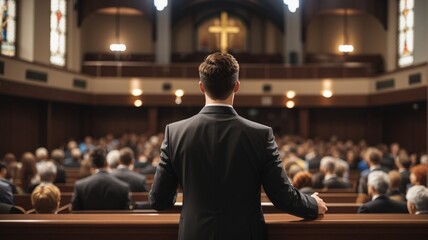 A man in a suit is preaching on top of a pulpit  - obrazy, fototapety, plakaty
