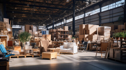 A view of a bustling warehouse filled with various furniture options