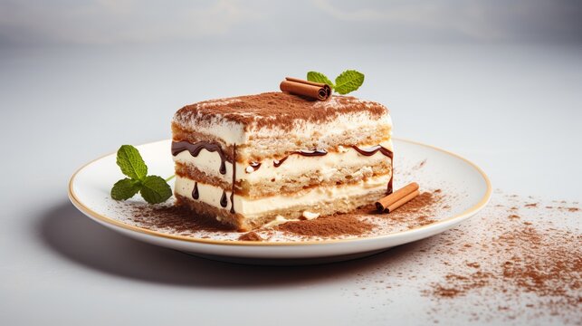 Traditional Italian Tiramisu: Delicious Dessert with Coffee and Mint on a White Plate