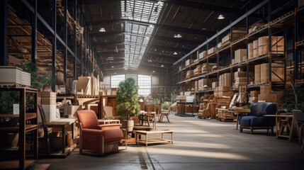 A view of a bustling warehouse filled with various furniture options