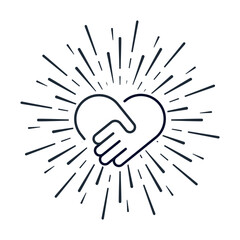 Handshake, heart in glowing rays. Holiday, meeting of  dear friends. Vector linear illustration icon isolated on white background.