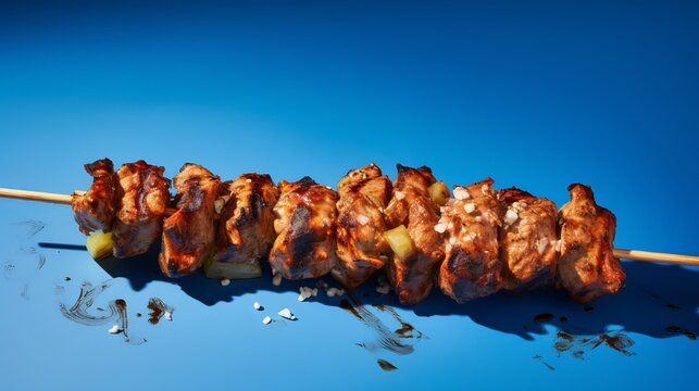 Greek Souvlaki Skewer: Grilled Meat on a Blue Background - Minimal and Savory