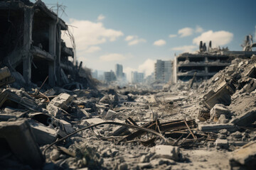 The rubble of a damaged building, a stark reminder of the destruction caused by the conflict. Generative Ai.