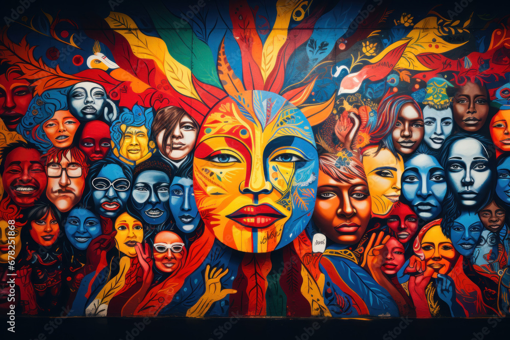Poster a mural depicting messages of peace and unity, showing the power of art to inspire change. generativ