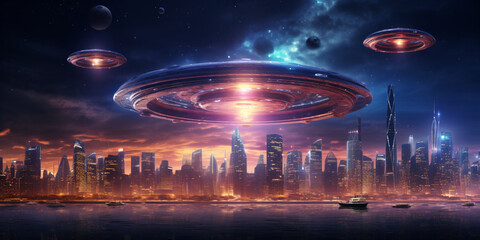Futuristic UFO flying over the city at night 
