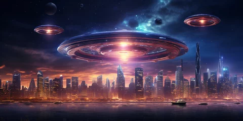 Poster Futuristic UFO flying over the city at night  © Marc Kunze