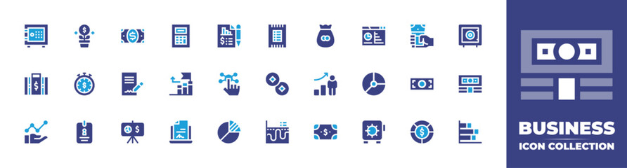 Business icon collection. Duotone color. Vector and transparent illustration. Containing money, contract, growth, graphic, safebox, income, investment, suitcase, management, stats, pie chart, dollar.