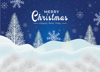 Winter Merry Christmas background with Christmas trees and snowflakes. Vector Illustration 