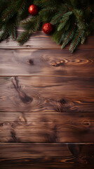 wooden empty table on background of Christmas tree, top view