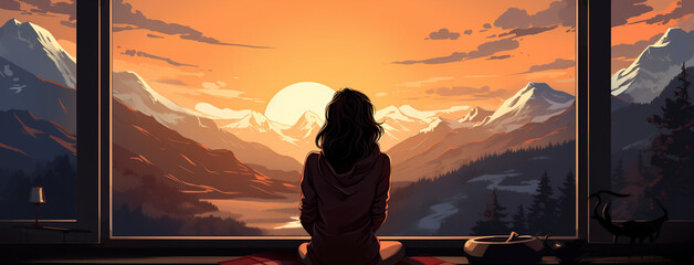 Wide horizontal illustration of a lady sitting backward to the camera near a window in evening sundown background with mountain landscape outside   - obrazy, fototapety, plakaty
