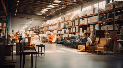 A view of a busy warehouse filled with various furniture selections