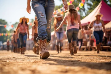 Deurstickers People line dancing at a country music festival, illustrating the popularity of country music and dance in the USA. Generative Ai. © Sebastian