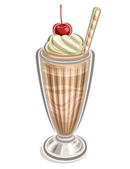 Vector illustration of Chocolate Milkshake, decorative poster with cartoon design layered milkshake with maraschino berry in twisted creamy ice cream foam for cafe menu, isolated on white background