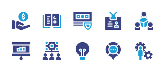 Business icon set. Duotone color. Vector illustration. Containing secure payment, lightbulb, payment, id card, statistics, chart, notebook, pie chart, crowdfunding, gear.