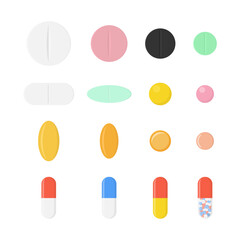 Pills of different shapes and colors flat set illustration