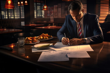 A tax inspector reviewing a restaurant's financial records. Concept of hospitality industry taxation. Generative Ai.