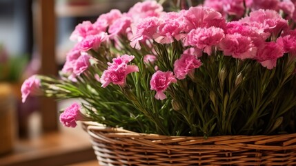 Beautiful bouquet of pink carnations in basket, closeup. Springtime Concept. Valentine's Day Concept with a Copy Space. Mother's Day.