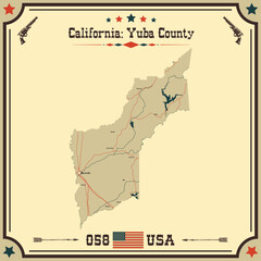 Large and accurate map of Yuba County, California, USA with vintage colors.