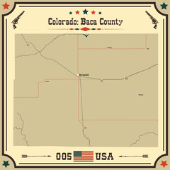 Large and accurate map of Baca County, Colorado, USA with vintage colors.