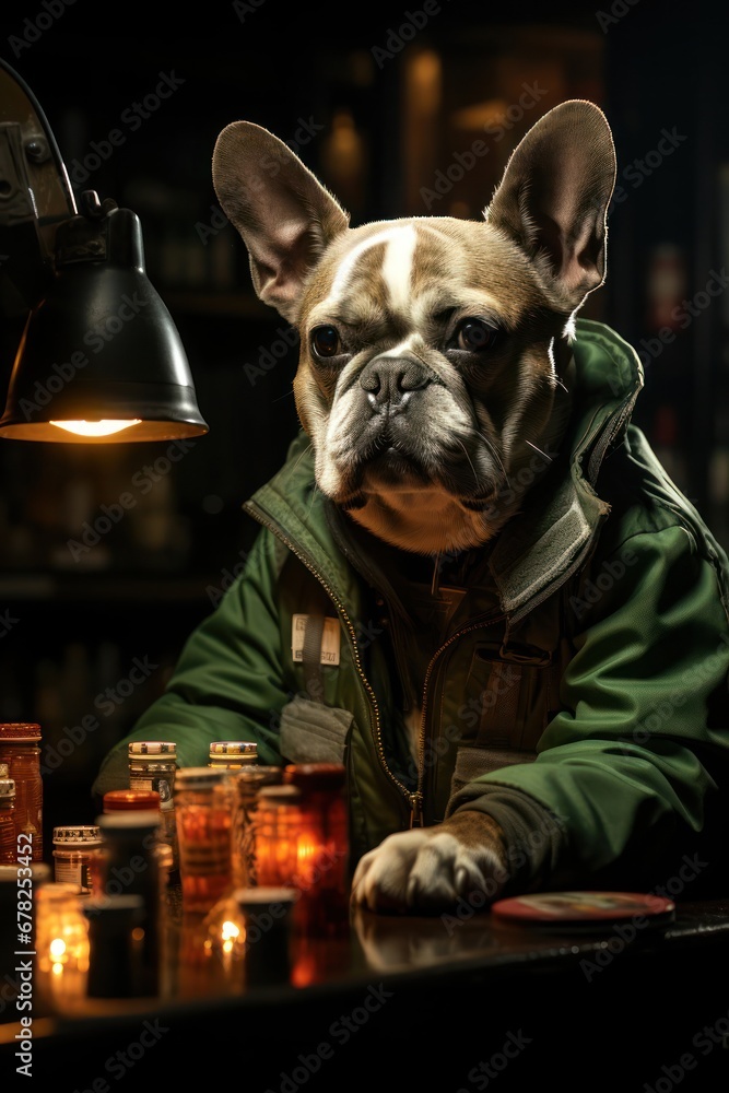 Poster dapper dog enjoying a moment at the table in a stylish green jacket generative ai