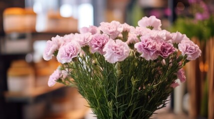 Carnation flower bouquet in vase on table in cafe. Springtime Concept. Valentine's Day Concept with a Copy Space. Mother's Day.