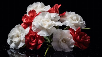 Beautiful bouquet of red and white carnations on a black background. Springtime Concept. Valentine's Day Concept with a Copy Space. Mother's Day. - Powered by Adobe