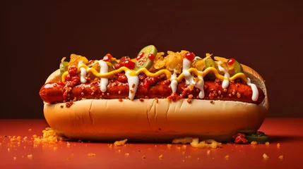 Tuinposter Hot Dog Delight: Chicago Style Relish, Mustard, and Pickle on a Yellow Background - Fast Food Temptation © RafiUllah