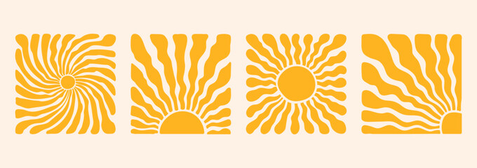 Groovy retro abstract sun backgrounds. Organic doodle shapes in trendy naive hippie 60s 70s style. Contemporary poster print banner template. Square wavy vector illustration in yellow colors. - obrazy, fototapety, plakaty