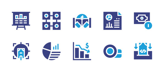 Business icon set. Duotone color. Vector illustration. Containing crisis, battle, presentation, report, chain, money, target, coin, pie chart, deposit.