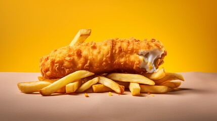 Closeup of Crispy Fish and Chips: Delicious Seafood Meal on a Yellow Background - Minimalist
